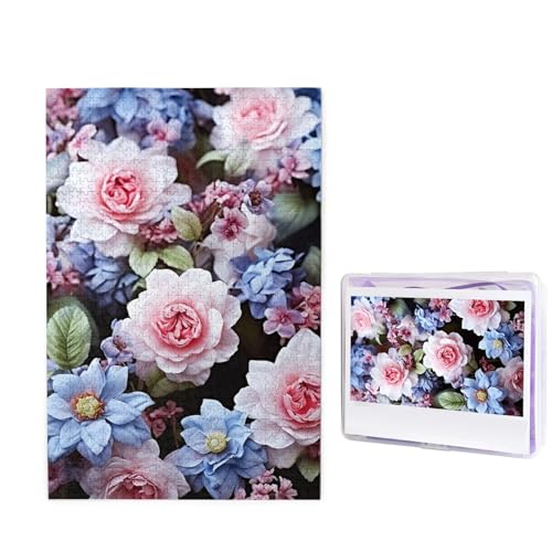 GFLFMXZW Puzzles, 1000 Teile, personalisierbar, blaue und rosa Blumen, Fotopuzzle, herausforderndes Bild, Puzzle für Erwachsene, personalisierbares Puzzle mit Aufbewahrungstasche (50 x 74,9 cm) von GFLFMXZW