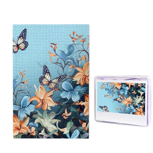 GFLFMXZW Puzzles, 1000 Teile, personalisierbar, blauer Schmetterling, Blumenfotopuzzle, herausforderndes Bild, Puzzle für Erwachsene, personalisierbares Puzzle mit Aufbewahrungstasche (50 x 74,9 cm) von GFLFMXZW