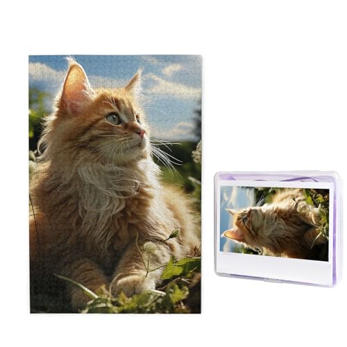 GFLFMXZW Puzzles, 1000 Teile, personalisierte Puzzle, Katze sitzend auf grünem Feld, Fotopuzzle, herausforderndes Bilder-Puzzle für Erwachsene, personalisiertes Puzzle mit Aufbewahrungstasche (50 x von GFLFMXZW