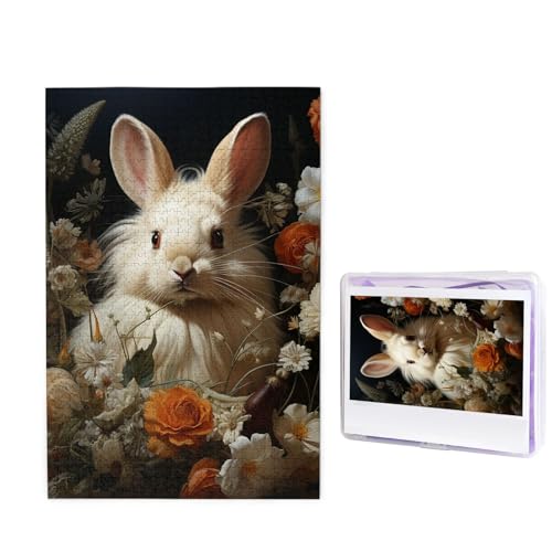 GFLFMXZW Puzzles, 1000 Teile, personalisiertes Puzzle, Kaninchen und Blumen, Fotopuzzle, herausforderndes Bild, Puzzle für Erwachsene, personalisierbares Puzzle mit Aufbewahrungstasche (50 x 74,9 cm) von GFLFMXZW