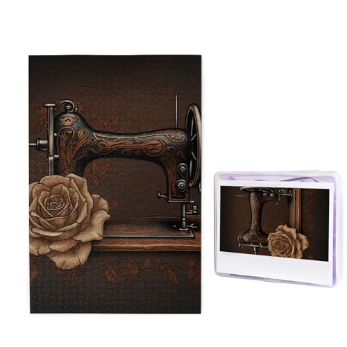 GFLFMXZW Puzzles, 1000 Teile, personalisiertes Puzzle, Rose und Nähmaschine, Fotopuzzle, herausforderndes Bild, Puzzle für Erwachsene, personalisierbares Puzzle mit Aufbewahrungstasche (50 x 74,9 cm) von GFLFMXZW