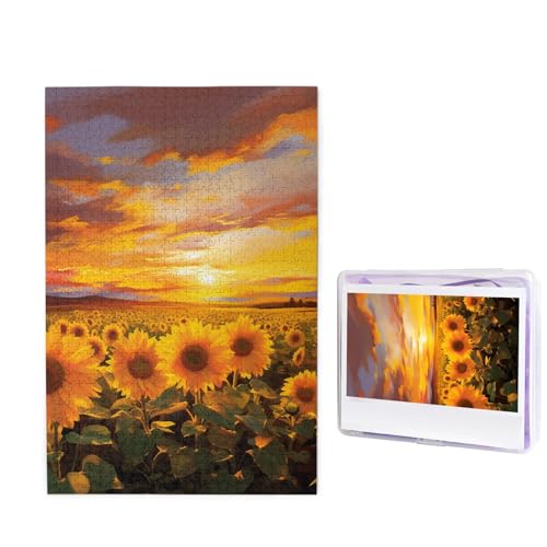 GFLFMXZW Puzzles, 1000 Teile, personalisiertes Puzzle, Sonnenblumenfeld, Sonnenuntergang, Fotopuzzle, herausforderndes Bild, Puzzle für Erwachsene, personalisierbares Puzzle mit Aufbewahrungstasche von GFLFMXZW