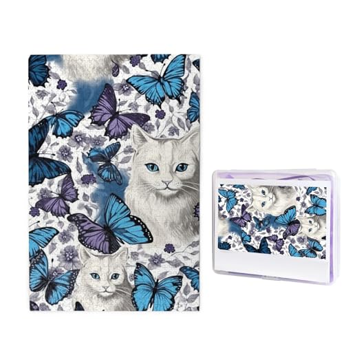 GFLFMXZW Puzzles, 1000 Teile, personalisiertes Puzzle, blauer Schmetterling und weiße Katze, Fotopuzzle, herausforderndes Bild, Puzzle für Erwachsene, personalisierbares Puzzle mit Aufbewahrungstasche von GFLFMXZW