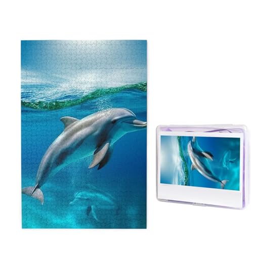 GFLFMXZW Puzzles, 1000 Teile, personalisiertes Puzzle, schwimmender Delfin im blauen Meer, Fotopuzzle, herausforderndes Bilderpuzzle für Erwachsene, personalisierbares Puzzle mit Aufbewahrungstasche von GFLFMXZW