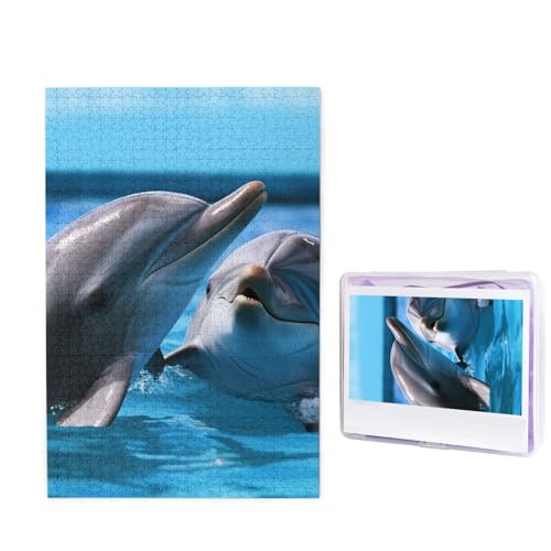 GFLFMXZW Puzzles, 1000 Teile, personalisiertes Puzzle, zwei Delfine im Wasser, Fotopuzzle, herausforderndes Bilderpuzzle für Erwachsene, personalisierbares Puzzle mit Aufbewahrungstasche (50 x 74,9 von GFLFMXZW