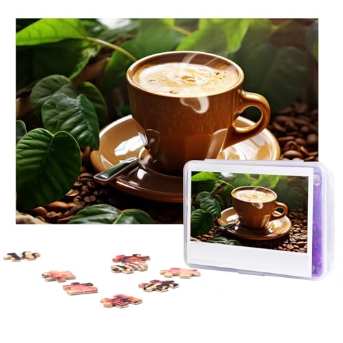 GFLFMXZW Puzzles, 500 Teile, personalisierbar, Kaffee- und grüne Blätter, Fotopuzzle, herausforderndes Bild, Puzzle für Erwachsene, personalisierbares Puzzle mit Aufbewahrungstasche (38,1 x 25,9 cm) von GFLFMXZW