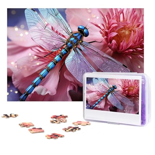 GFLFMXZW Puzzles, 500 Teile, personalisierbar, Motiv: Blume, blaue Libelle, Fotopuzzle für Erwachsene, personalisierbares Puzzle mit Aufbewahrungstasche (38,1 x 25,9 cm) von GFLFMXZW