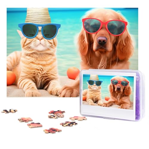 GFLFMXZW Puzzles, 500 Teile, personalisierbar, Sommer, Strand, lustiges Katzen-/Hunde-Fotopuzzle, herausforderndes Bild, Puzzle für Erwachsene, personalisierbares Puzzle mit Aufbewahrungstasche (38,1 von GFLFMXZW