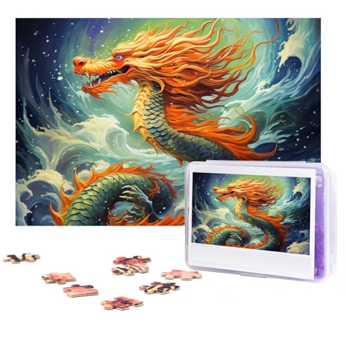 GFLFMXZW Puzzles, 500 Teile, personalisierbar, chinesischer Drache, Ölgemälde, Fotopuzzle, herausforderndes Bild, Puzzle für Erwachsene, personalisierbares Puzzle mit Aufbewahrungstasche (38,1 x 25,9 von GFLFMXZW