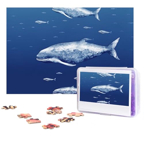 GFLFMXZW Puzzles, 500 Teile, personalisierbar, kleiner blauer Wal, schwimmend, Fotopuzzle, herausforderndes Bild, Puzzle für Erwachsene, personalisierbares Puzzle mit Aufbewahrungstasche (38,1 x 25,9 von GFLFMXZW