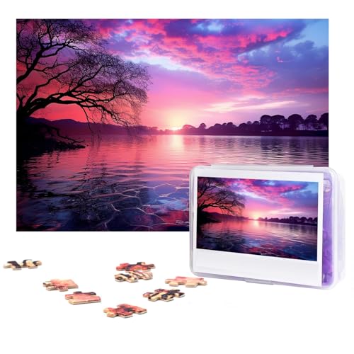 GFLFMXZW Puzzles, 500 Teile, personalisierbar, violetter Sonnenuntergang auf Wasser, Fotopuzzle, herausforderndes Bild, Puzzle für Erwachsene, personalisierbares Puzzle mit Aufbewahrungstasche (38,1 x von GFLFMXZW