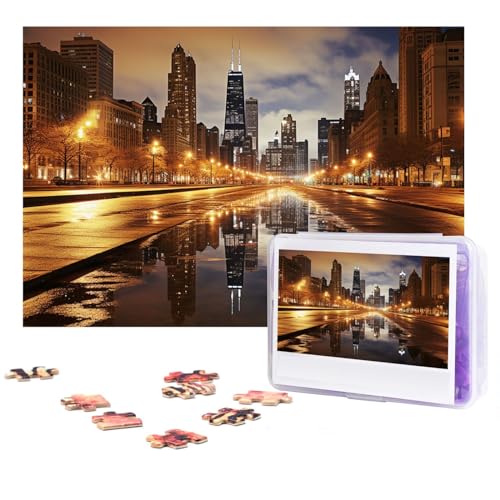 GFLFMXZW Puzzles, 500 Teile, personalisiertes Puzzle, Chicago Fotopuzzle, herausforderndes Bilder-Puzzle für Erwachsene, personalisierbares Puzzle mit Aufbewahrungstasche (38,1 x 25,9 cm) von GFLFMXZW