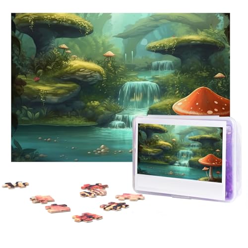 GFLFMXZW Puzzles, 500 Teile, personalisiertes Puzzle, Pilzansicht der Fantasie, Fluss, Fotopuzzle, herausforderndes Bilder-Puzzle für Erwachsene, personalisierbares Puzzle mit Aufbewahrungstasche von GFLFMXZW