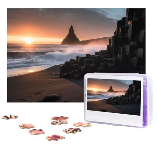 GFLFMXZW Puzzles, 500 Teile, personalisiertes Puzzle, Sonnenaufgang am Reynisfjara, Strand, Fotopuzzle, herausforderndes Bilder-Puzzle für Erwachsene, personalisiertes Puzzle mit Aufbewahrungstasche von GFLFMXZW