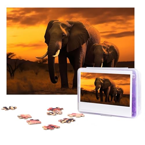 GFLFMXZW Puzzles, 500 Teile, personalisiertes Puzzle, Sonnenuntergang, Eltern-Kind-Elefant, Fotopuzzle, herausforderndes Bild, Puzzle für Erwachsene, personalisierbares Puzzle mit Aufbewahrungstasche von GFLFMXZW