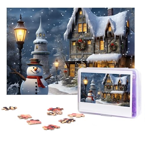 GFLFMXZW Puzzles, 500 Teile, personalisiertes Puzzle, Weihnachten, Schneemänner und Häuser, Fotopuzzle, herausforderndes Bild, Puzzle für Erwachsene, personalisierbares Puzzle mit Aufbewahrungstasche von GFLFMXZW