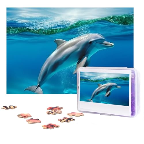 GFLFMXZW Puzzles, 500 Teile, personalisiertes Puzzle, schwimmender Delfin im blauen Meer, Fotopuzzle, herausforderndes Bilderpuzzle für Erwachsene, personalisierbares Puzzle mit Aufbewahrungstasche von GFLFMXZW