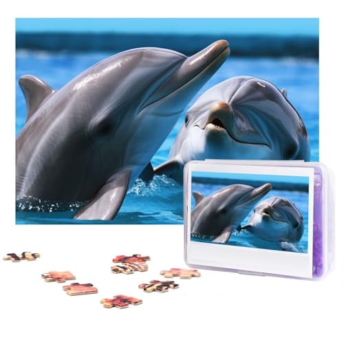 GFLFMXZW Puzzles, 500 Teile, personalisiertes Puzzle, zwei Delfine im Wasser, Fotopuzzle, herausforderndes Bilder-Puzzle für Erwachsene, personalisierbares Puzzle mit Aufbewahrungstasche (38,1 x 25,9 von GFLFMXZW