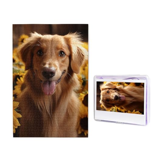 GFLFMXZW Puzzles 1000 Teile, personalisiertes Puzzle, Golden Retriever, Sonnenblume, Fotopuzzle, herausforderndes Bild, Puzzle für Erwachsene, personalisierbares Puzzle mit Aufbewahrungstasche (50 x von GFLFMXZW