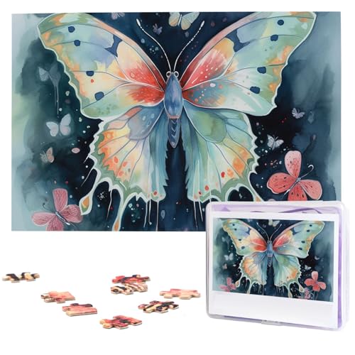 Personalisiertes Holzpuzzle, 1000-teiliges Puzzle, Paar-Puzzle, Familien-Puzzle, Aquarell, Schmetterling, Kunstbild, Puzzle, Fotopuzzle für Erwachsene, Geburtstag, Hochzeit, 74,9 x 50 cm von GFLFMXZW