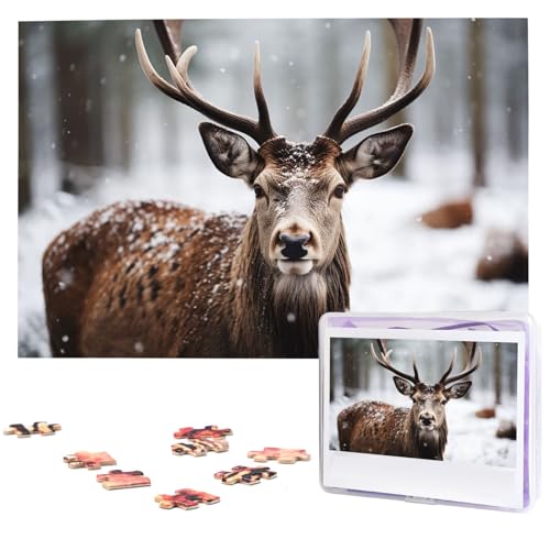 Personalisiertes Holzpuzzle 1000 Teile Puzzle Paar Puzzle Familie Puzzle Hirsch schaut durch Schnee Bildpuzzle Fotopuzzle für Erwachsene Geburtstag Hochzeit 74,9 x 50 cm von GFLFMXZW