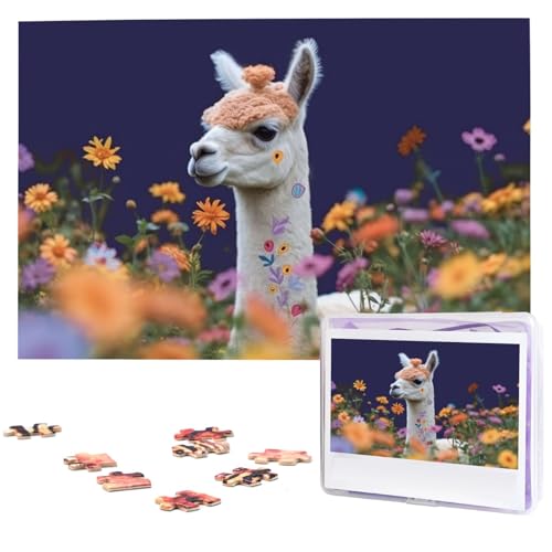 Personalisiertes Holzpuzzle 1000 Teile Puzzle Paar Puzzle Familienpuzzle Alpaka umgeben von Blumen Bilderpuzzle Fotopuzzle für Erwachsene Geburtstag Hochzeit 74,9 x 50 cm von GFLFMXZW