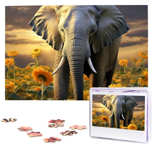 Personalisiertes Holzpuzzle 1000 Teile Puzzle Paar Puzzle Familienpuzzle Elefant mit Sonnenblume Bilderpuzzle Fotopuzzle für Erwachsene Geburtstag Hochzeit 74,9 x 50 cm von GFLFMXZW