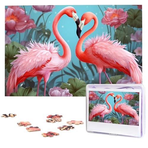 Personalisiertes Holzpuzzle 1000 Teile Puzzle Paar Puzzle Familienpuzzle Flamingo Liebe Blumen Bilderpuzzle Fotopuzzle für Erwachsene Geburtstag Hochzeit 74,9 x 50 cm von GFLFMXZW