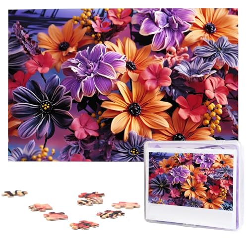 Personalisiertes Holzpuzzle 1000 Teile Puzzle Paar Puzzle Familienpuzzle Orange und Lila Blumen Bilderpuzzle Fotopuzzle für Erwachsene Geburtstag Hochzeit 74,9 x 50 cm von GFLFMXZW