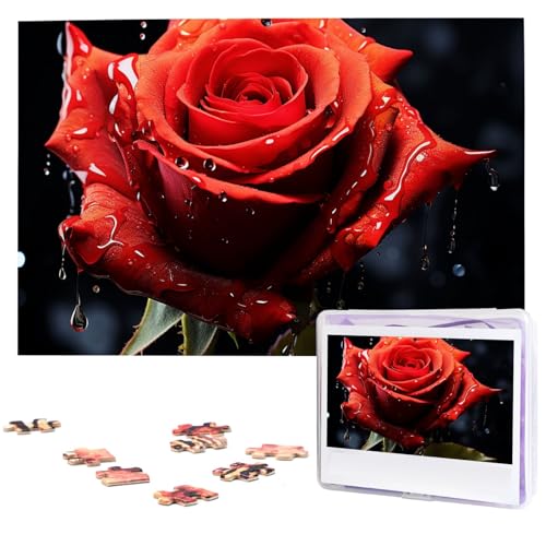 Personalisiertes Holzpuzzle 1000 Teile Puzzle Paar Puzzle Familienpuzzle Rote Rose mit roten Spritzern Bilderpuzzle Fotopuzzle für Erwachsene Geburtstag Hochzeit 74,9 x 50 cm von GFLFMXZW