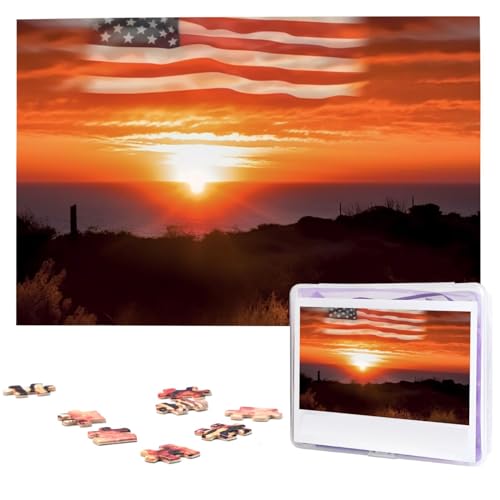 Personalisiertes Holzpuzzle 1000 Teile Puzzle Paar Puzzle Familienpuzzle Sonnenuntergang und amerikanische Flagge Bilderpuzzle Fotopuzzle für Erwachsene Geburtstag Hochzeit 74,9 x 50 cm von GFLFMXZW