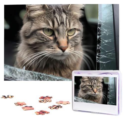 Puzzles, 1000 Teile, personalisierbar, Motiv: Katze zertrümmert Glas im Auto, Fotopuzzle, herausforderndes Bild, Puzzle für Erwachsene, personalisierbares Puzzle mit Aufbewahrungstasche (74,9 x 50 cm) von GFLFMXZW