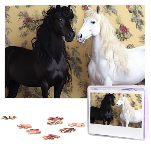 Puzzles, 1000 Teile, personalisierbares Puzzle, schwarzes Pferd und weißes Pferd, Fotopuzzle, herausforderndes Bild, Puzzle für Erwachsene, personalisierbares Puzzle mit Aufbewahrungstasche (74,9 x 50 von GFLFMXZW