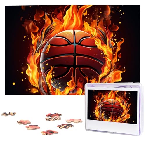 Puzzles, 1000 Teile, personalisiertes Puzzle, Basketball-Logo mit Flammen, Fotopuzzle, herausforderndes Bild, Puzzle für Erwachsene, personalisierbares Puzzle mit Aufbewahrungstasche (74,9 x 50 cm) von GFLFMXZW