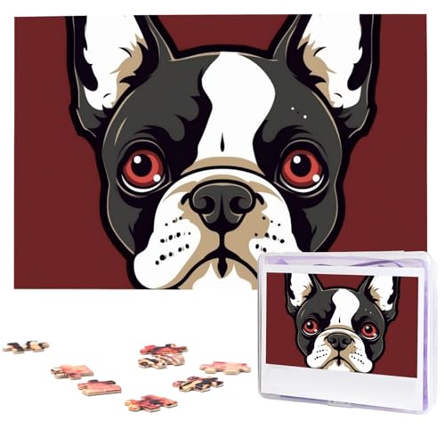 Puzzles, 1000 Teile, personalisiertes Puzzle, Cartoon-Boston-Terrier-Gesicht, Fotopuzzle, herausforderndes Bild, Puzzle für Erwachsene, personalisierbares Puzzle mit Aufbewahrungstasche (74,9 x 50 cm) von GFLFMXZW