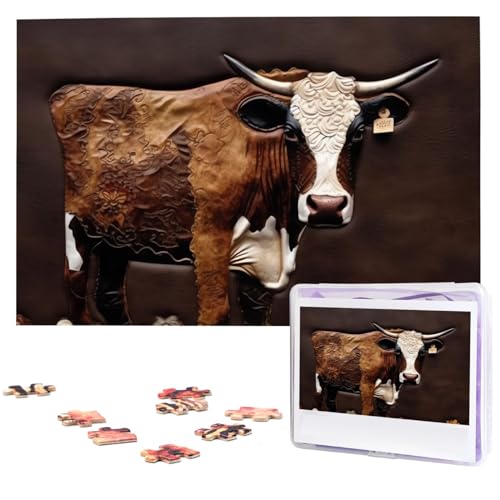 Puzzles, 1000 Teile, personalisiertes Puzzle, Kuh aus braunem Leder, Fotopuzzle, herausforderndes Bild, Puzzle für Erwachsene, personalisierbares Puzzle mit Aufbewahrungstasche (74,9 x 50 cm) von GFLFMXZW