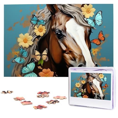 Puzzles, 1000 Teile, personalisiertes Puzzle, Pferd mit Blumen und Schmetterlingen, Fotopuzzle, herausforderndes Bild, Puzzle für Erwachsene, personalisierbares Puzzle mit Aufbewahrungstasche (74,9 x von GFLFMXZW