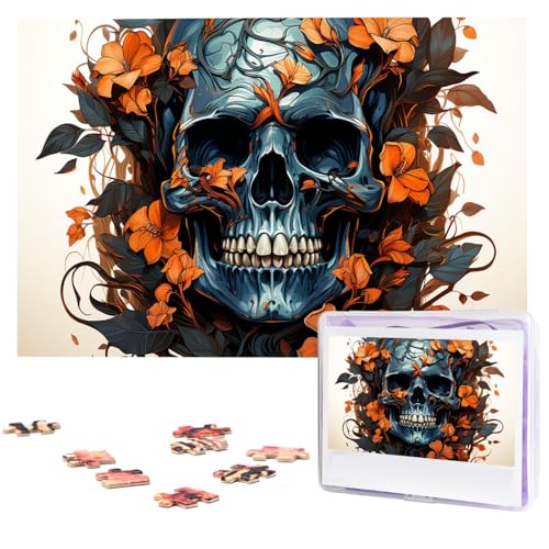 Puzzles, 1000 Teile, personalisiertes Puzzle, Totenkopf und Blätter, Fotopuzzle, herausforderndes Bild, Puzzle für Erwachsene, personalisierbares Puzzle mit Aufbewahrungstasche (74,9 x 50 cm) von GFLFMXZW