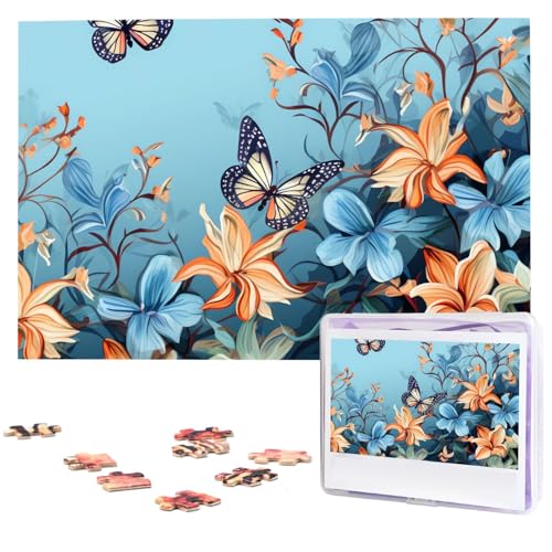 Puzzles, 1000 Teile, personalisiertes Puzzle, blauer Schmetterling, Blumenfotopuzzle, herausforderndes Bild, Puzzle für Erwachsene, personalisierbares Puzzle mit Aufbewahrungstasche (74,9 x 50 cm) von GFLFMXZW