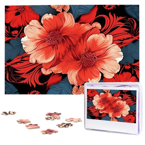 Puzzles, 1000 Teile, personalisiertes Puzzle, rotes Blumenmuster, Fotopuzzle, herausforderndes Bild, Puzzle für Erwachsene, personalisierbares Puzzle mit Aufbewahrungstasche (74,9 x 50 cm) von GFLFMXZW