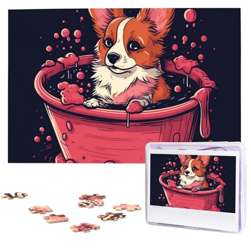 Puzzles 1000 Teile, personalisiertes Puzzle, Corgi in der Badewanne, Fotopuzzle, herausforderndes Bild, Puzzle für Erwachsene, personalisierbares Puzzle mit Aufbewahrungstasche (74,9 x 50 cm) von GFLFMXZW