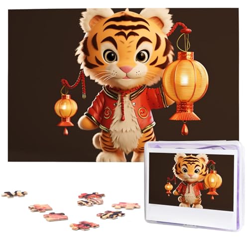 Puzzles 1000 Teile, personalisiertes Puzzle, ein Tiger, der eine Laterne hält, Fotopuzzle, herausforderndes Bilder-Puzzle für Erwachsene, personalisiertes Puzzle mit Aufbewahrungstasche (74,9 x 50 cm) von GFLFMXZW