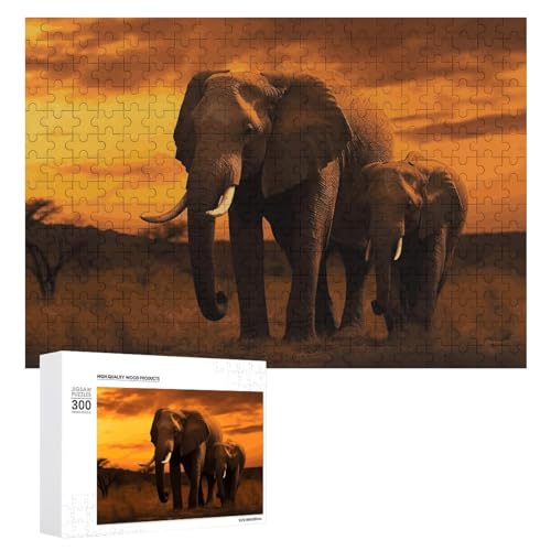 Sonnenuntergang Eltern-Kind-Elefanten-Puzzle, 300 Teile, personalisiertes Puzzle, Sonnenuntergang, Eltern-Kind-Elefanten-Fotopuzzle, herausforderndes Bilder-Puzzle für Erwachsene, personalisiertes von GFLFMXZW