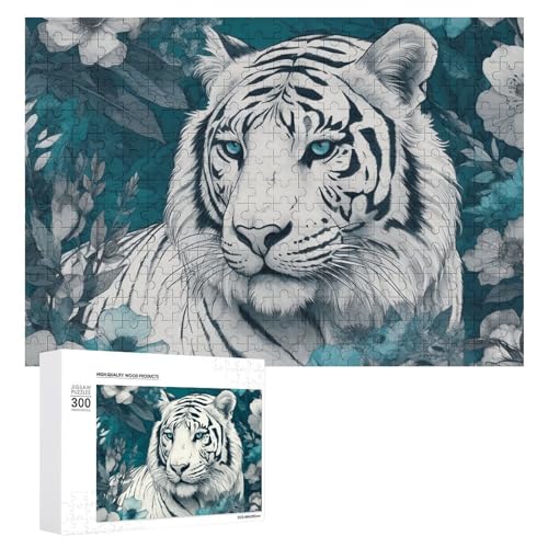 Tiger und Blumen Puzzle, 300 Teile, personalisiertes Puzzle, Tiger und Blumen, Fotopuzzle, herausforderndes Bilder-Puzzle für Erwachsene, personalisierbares Puzzle mit Aufbewahrungstasche (39,9 x 27,9 von GFLFMXZW