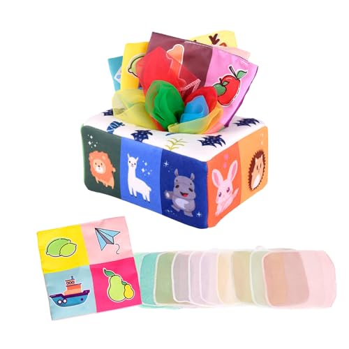 GFTCGK Eine Weiche Taschentuchbox,3Rasseln Und 10 Seidenschals, Tücherbox Baby, Montessori SpielzeugAb 6 Monate, Baby Tücherbox,Tissue Box SpielzeugBabyspielzeug Mit Knisterpapier von GFTCGK