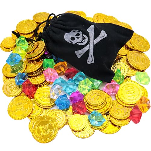 GFTCGK 100 Stück Piratenschatz mit Kordelzugbeutel, 50 Stücke Goldmünzen und 50 Stücke Edelsteine für Kinder, Piratenparty Schatzsuche Spielzeug, für Piraten Deko, Schatzkiste Kindergeburtstag von GFTCGK