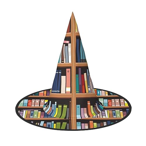 GFXEDSAH Bibliotheks-Bücherregal-Druck, Halloween-Hüte, vielseitiger Hexenhut, faltbare Hexenhüte für Halloween, Feste, Karneval von GFXEDSAH