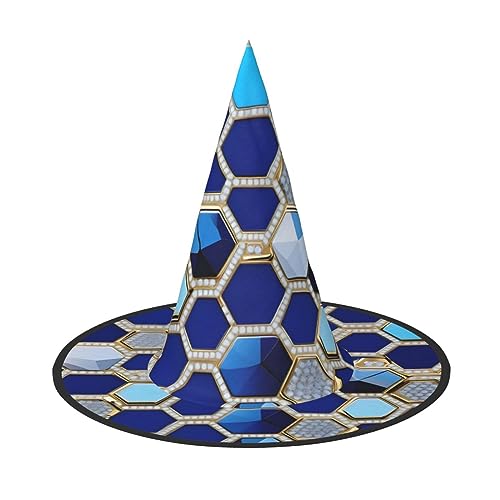 GFXEDSAH Blaue Hexagons und Diamant-Druck, Halloween-Hüte, vielseitiger Hexenhut, faltbare Hexenhüte für Halloween, Feste, Karneval von GFXEDSAH