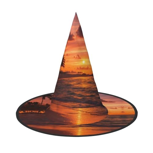 GFXEDSAH Kokosnuss-Strand-Hut, Sonnenuntergang, Hängematten-Druck, vielseitiger Hexenhut, faltbare Hexenhüte für Halloween, Festivals, Karneval von GFXEDSAH