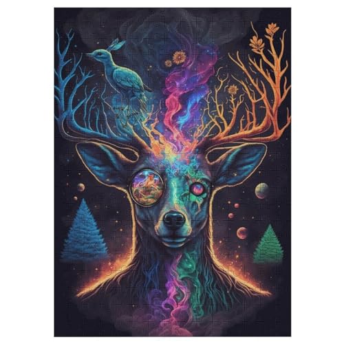 Cosmic Trippy Hirsch -Puzzle, 300 Teile,Holzpuzzle Für Erwachsene Kinder, Lustiges Spielzeug, Denkspiel, Spielzeug, Bildungsspiel, Herausforderung, Pädagogisch, （42×30cm） von GGJJTT